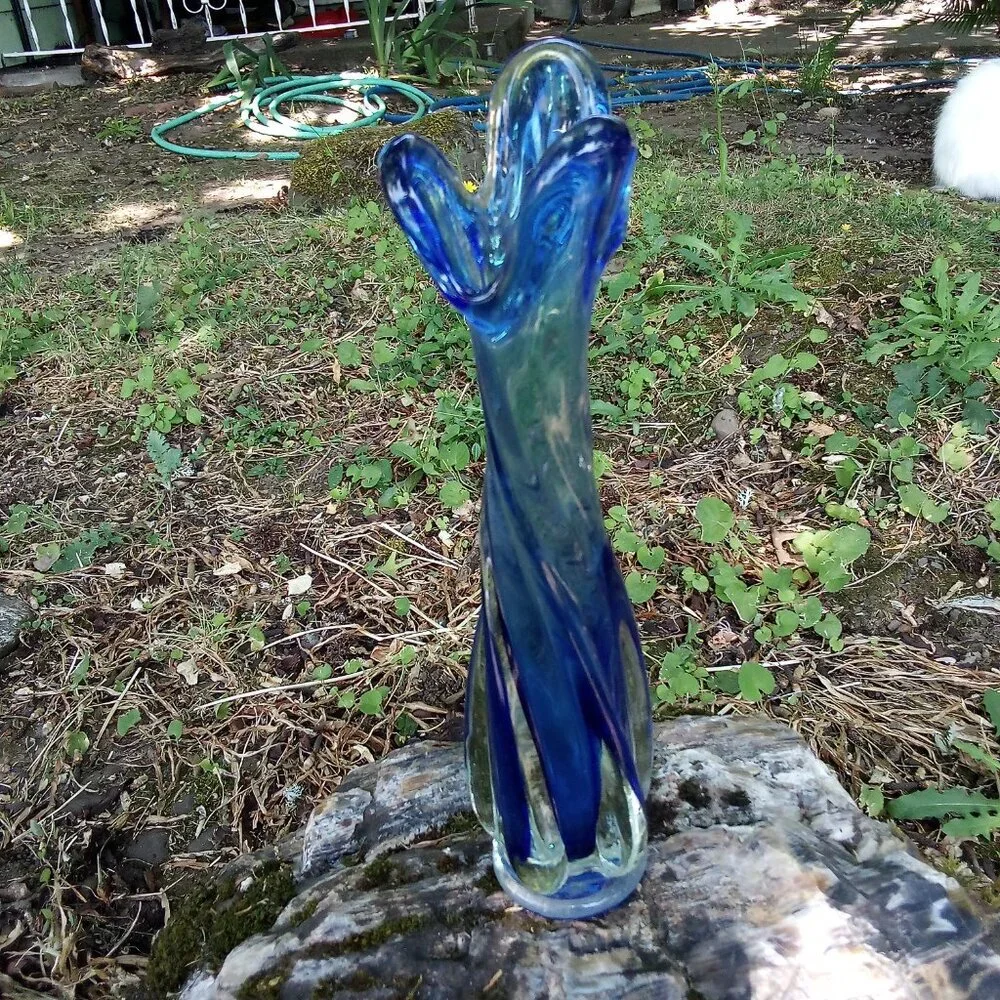Vintage MCM 3 Finger Swung Vase Art Glass Cobalt Blue